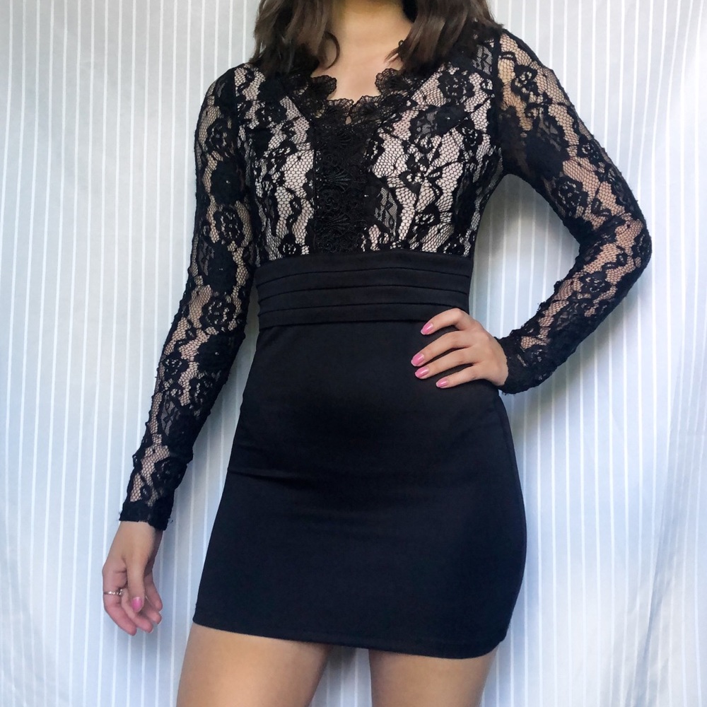 Black lace mini dress with gold underlay